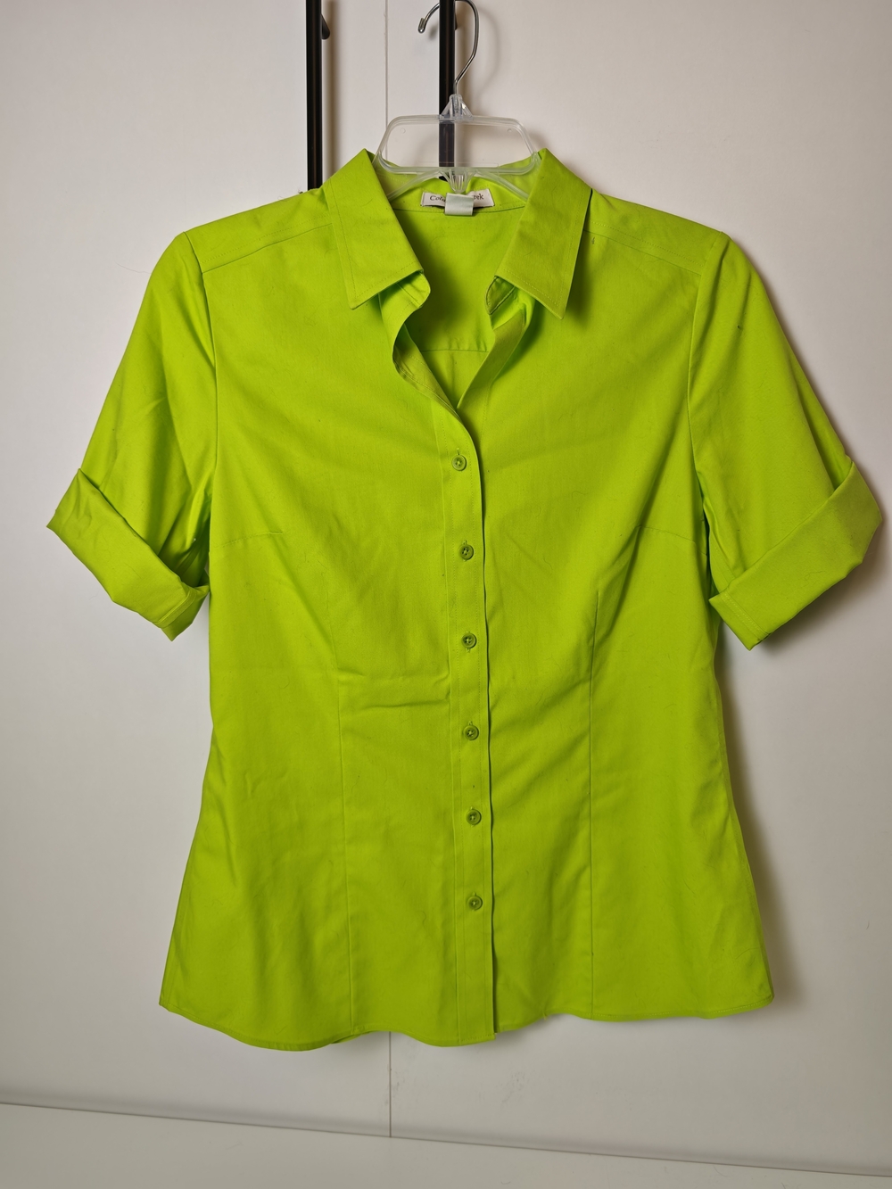 Coldwater Creek Womens Lime Green Short Sleeve Button Down Shirt XS 4-6 Cotton